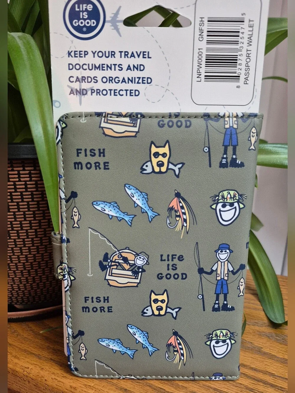 Life Is Good Olive Green Fishing Passport Holder with Blue & Yellow Accents. NEW